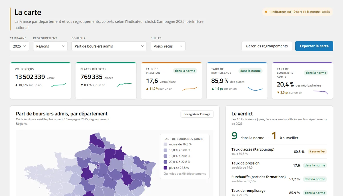Observatoire Parcoursup : indicateurs de la campagne 2025 et carte de France par département